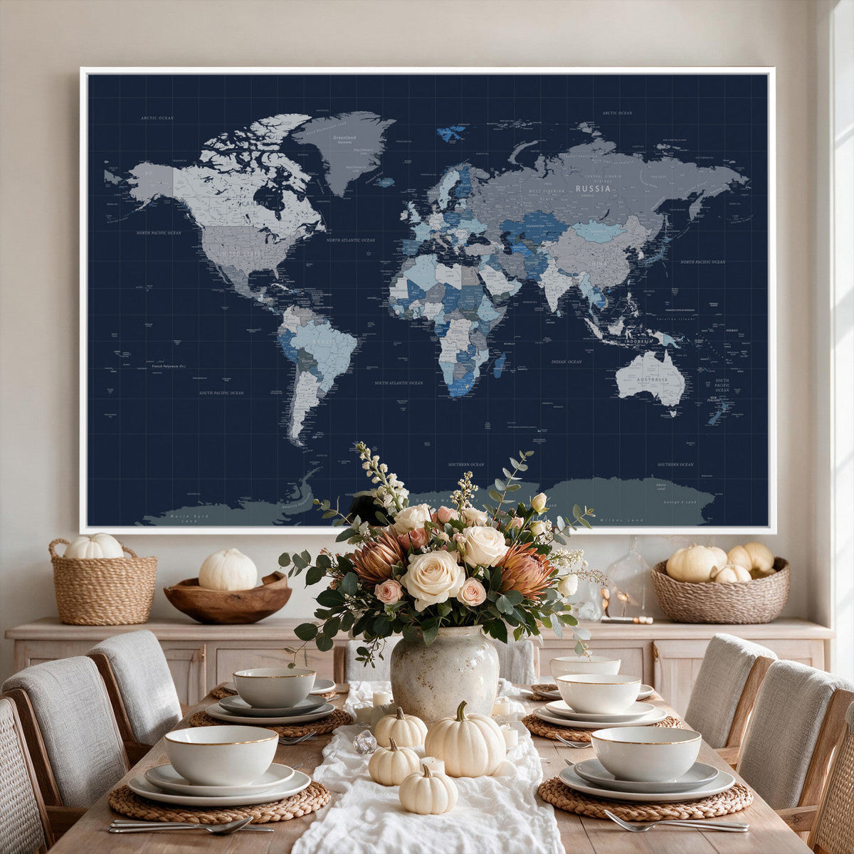 Blue Detailed World Map Wall Art Canvas Print | Modern Framed Map