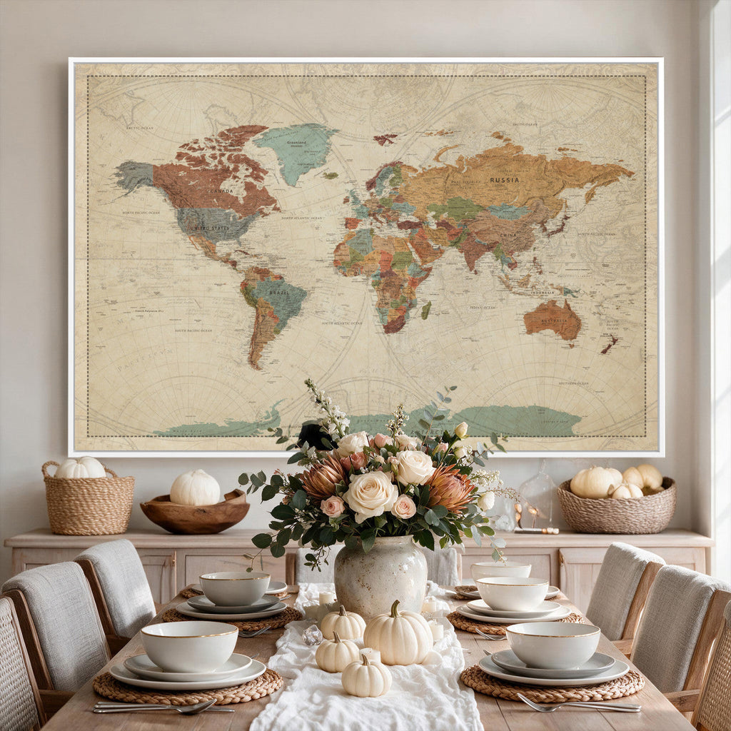 Vintage World Map Canvas Wall Art Print | Framed Modern World Map
