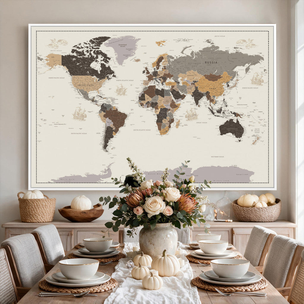 Custom Beige Modern Push Pin World Map Canvas Print, Places Visited Tracker, Bedroom and Study Decor