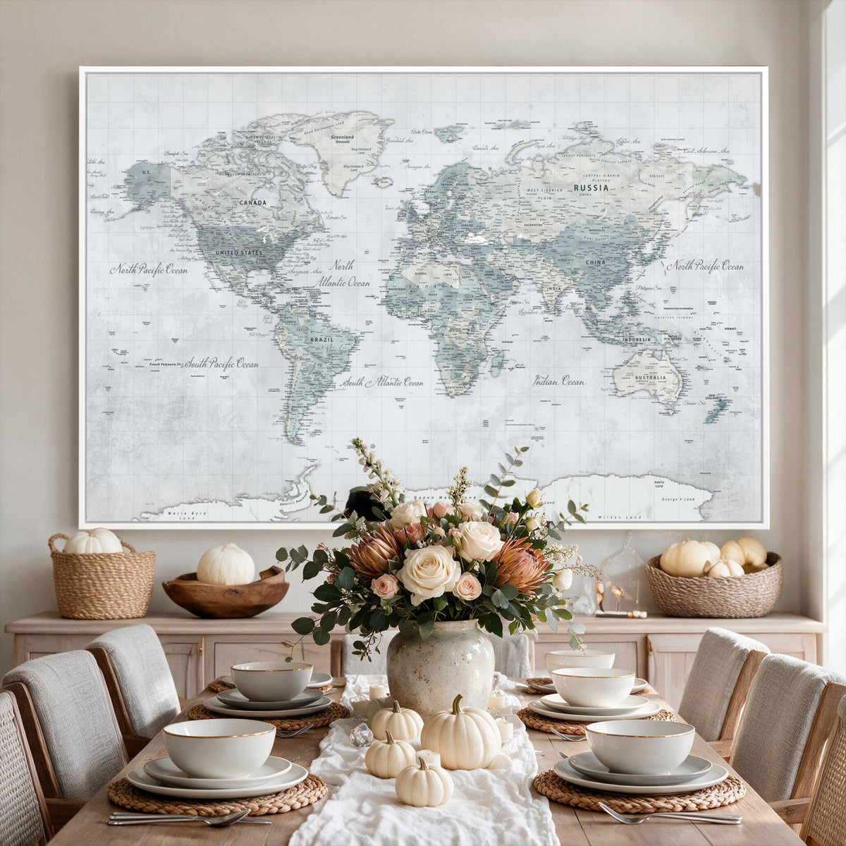 Push Pin World Map Canvas Print - Detailed Vintage World Map