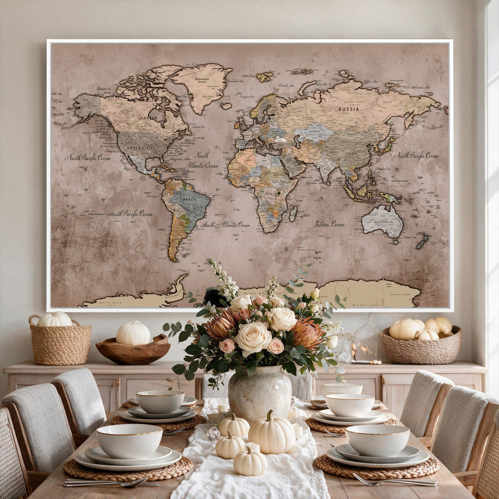 Grunge World Map Canvas Wall Art - Vintage Aged World Map with Golden Tones