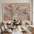 Grunge World Map Canvas Wall Art - Vintage Aged World Map with Golden Tones