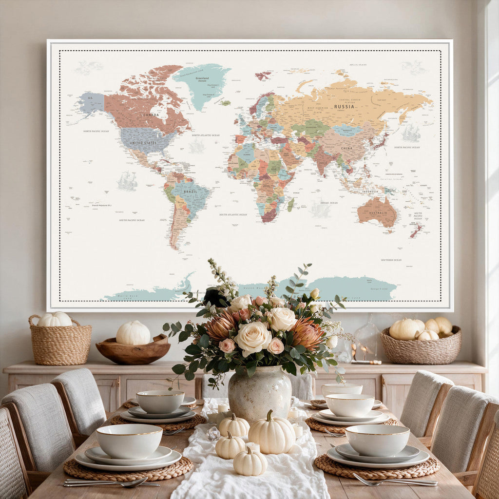 Pastel Colors World Map Wall Art Canvas Print