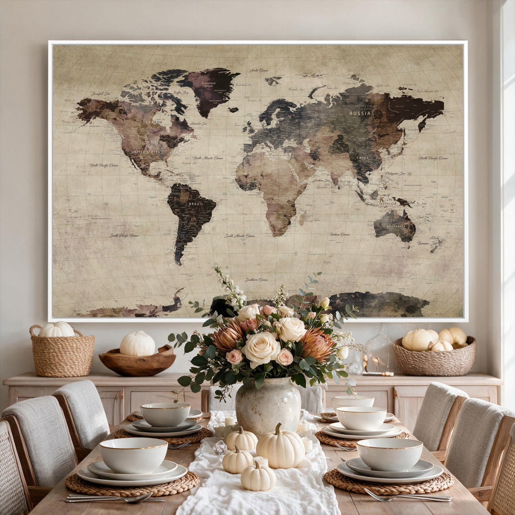 World Map Canvas Print, Detailed Map of the World, Adventure Gift for Couples and Anniversaries