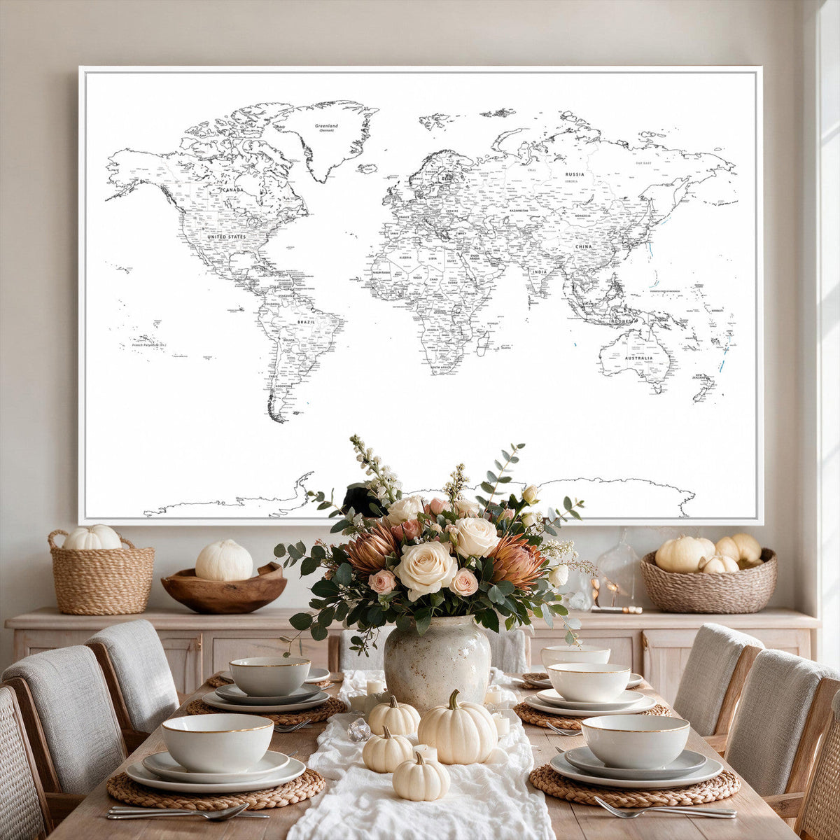 World Map Canvas Print, Framed Modern Detailed Map of the World for Home or Office