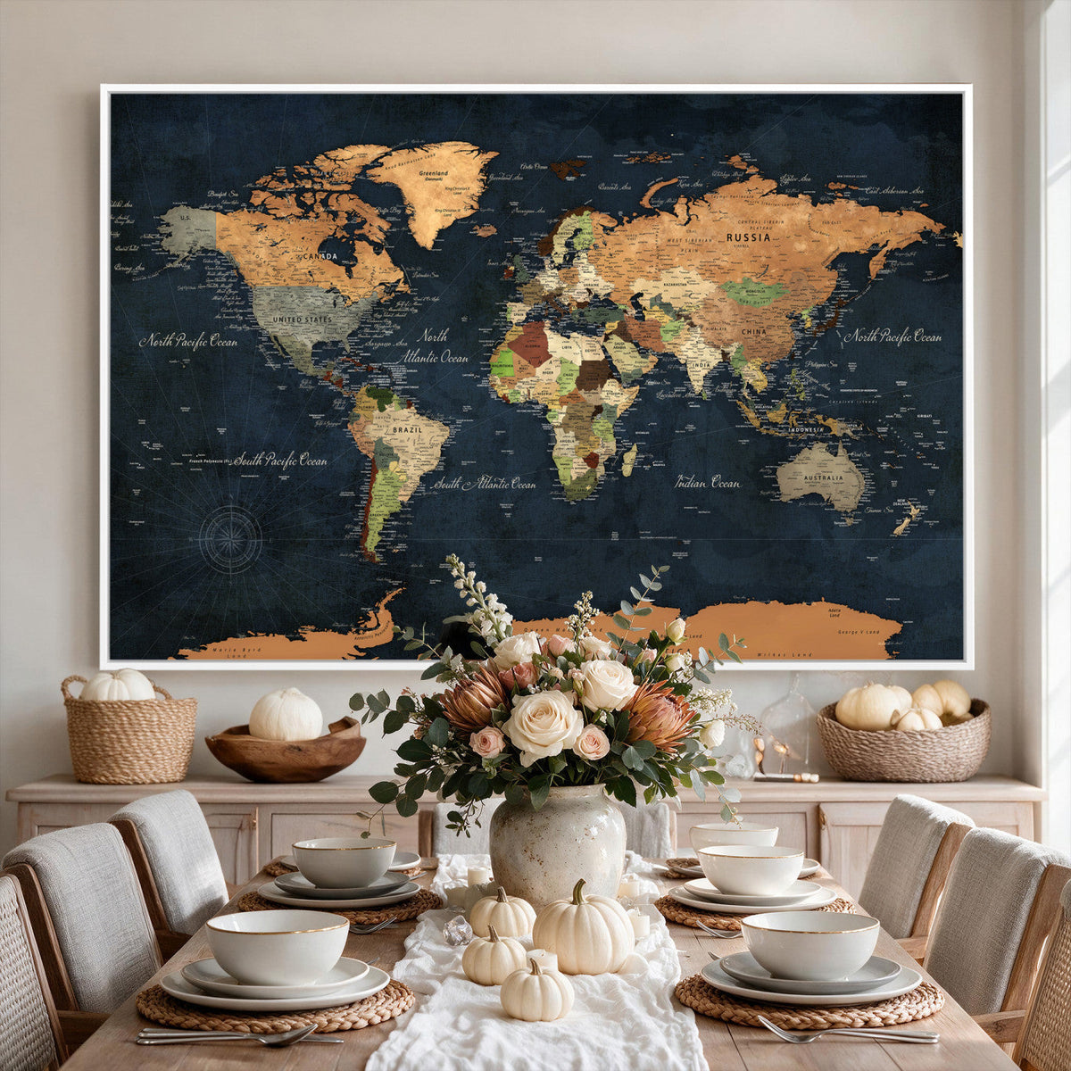 Vintage World Map Canvas Wall Art | Detailed Map with Countries, Oceans and Continents