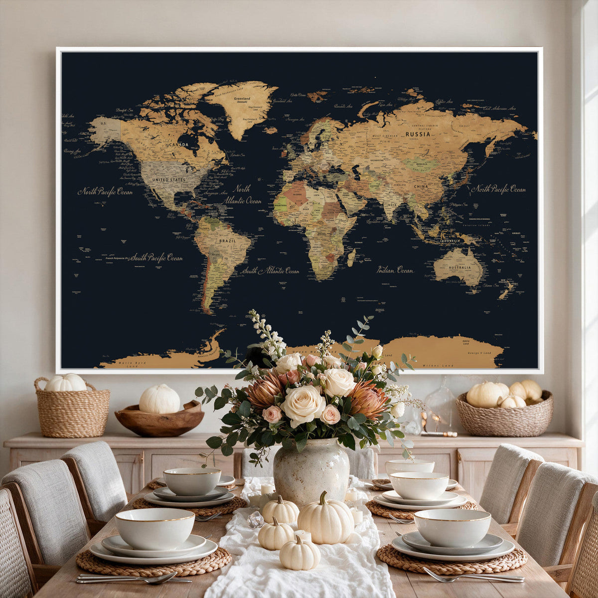 Vintage World Map Earth Globe Countries Oceans Continents