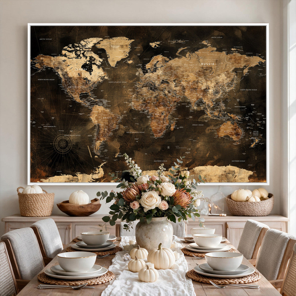 World Map Canvas Print, Modern Decorative Framed Map Artwork