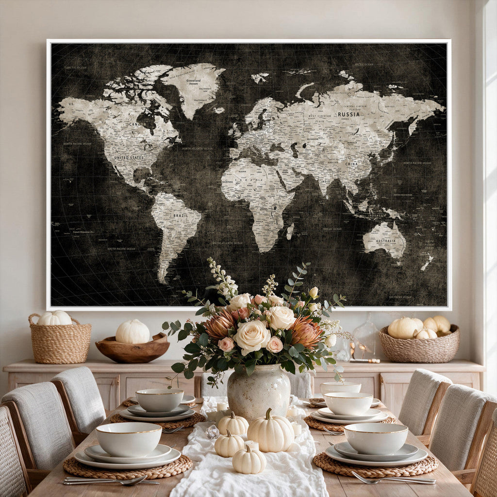 Vintage World Map Wall Art Canvas Print | Framed Large Map Wall Art