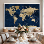 Navy Blue World Map Canvas Print | Detailed Minimal Navy Map Artwork
