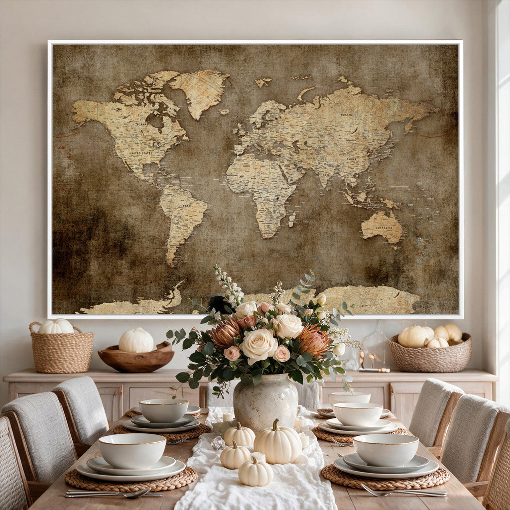 Dark Vintage World Map Canvas Wall Art Print, Antique Map Artwork