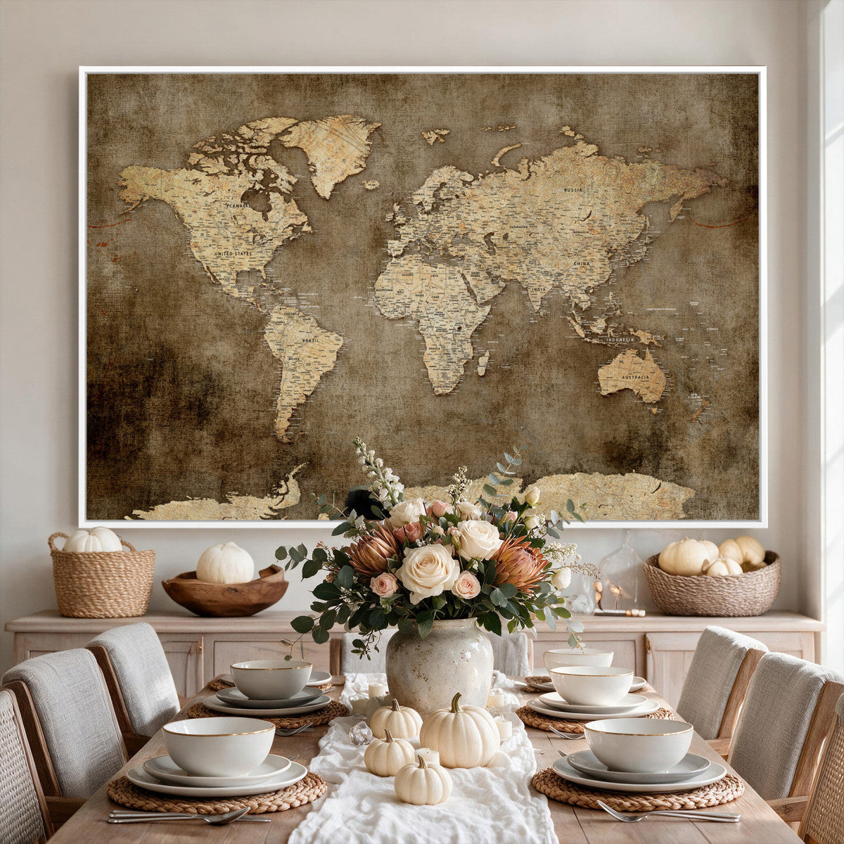 Dark Vintage World Map Canvas Wall Art Print, Antique Map Artwork