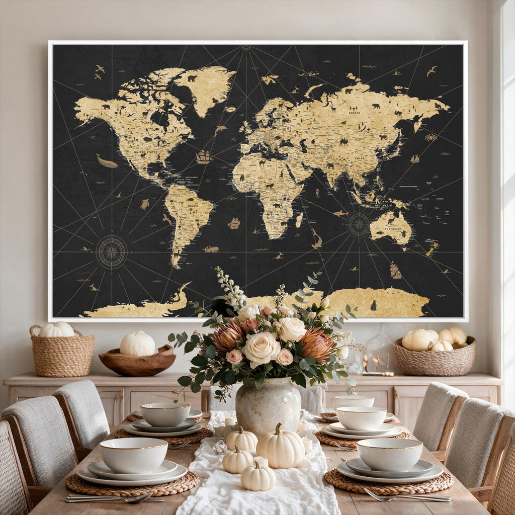 Vintage Blue and Brown World Map Canvas Wall Art | Framed Rustic Map Print