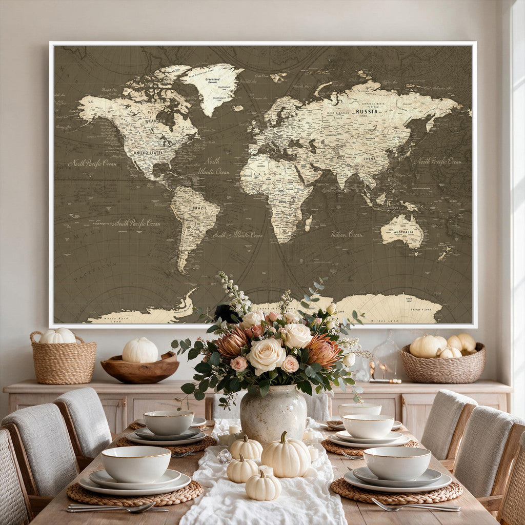 Vintage World Map Canvas Print | Framed Travel Map Wall Art for Couples