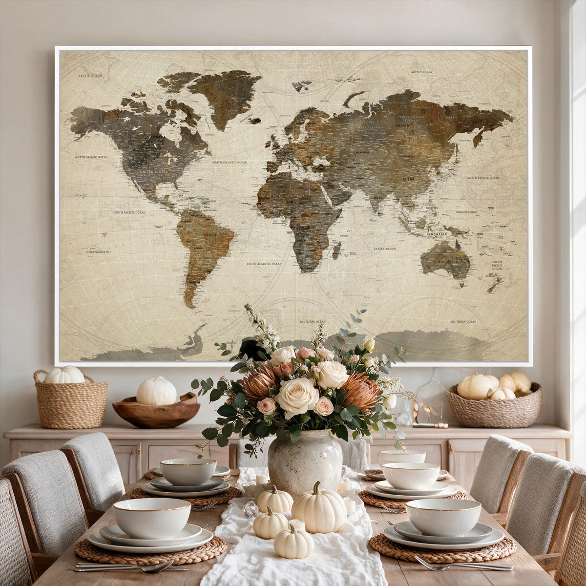Vintage World Map Canvas Wall Art | Framed Antique Style Travel Map