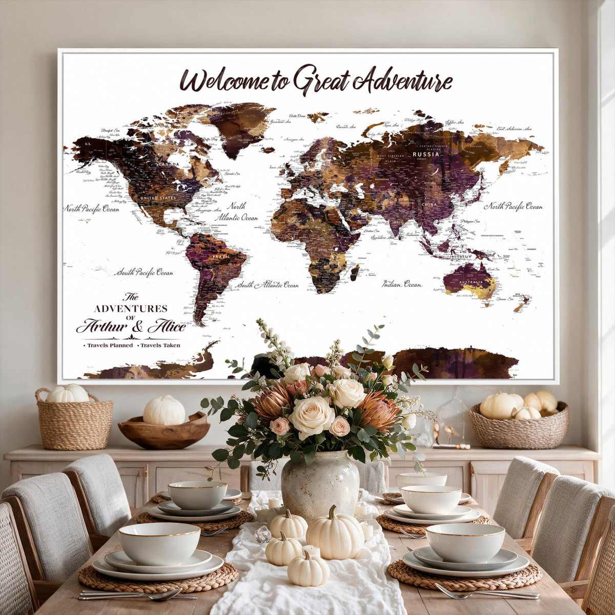 Custom Push Pin World Map Wall Art Canvas Print | Personalized Travel Map