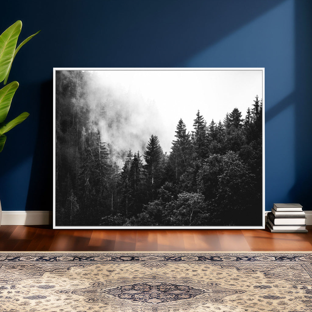 Black White Forest Wall Art Canvas Print, Misty Pine Tree Landscape