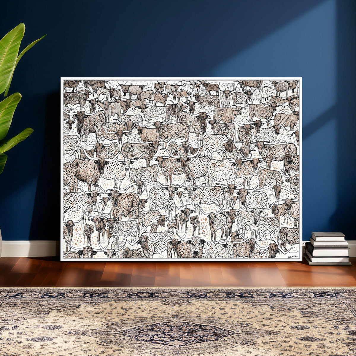 Abstract Texas Cow Wall Art Canvas Print, Farm Longhorn Art for Cabin Decor