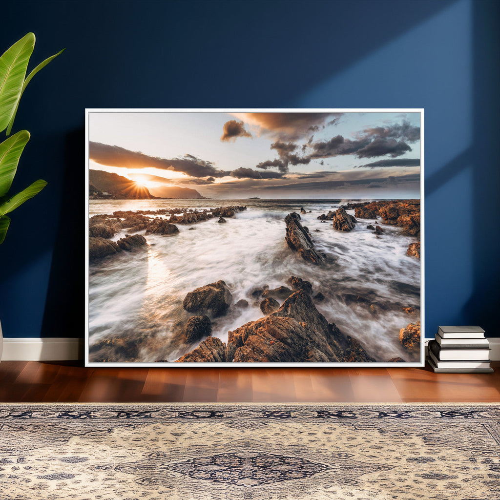 Rocky Coast Ocean Sunset Wall Art Canvas Print, Dramatic Seascape Nature Decor