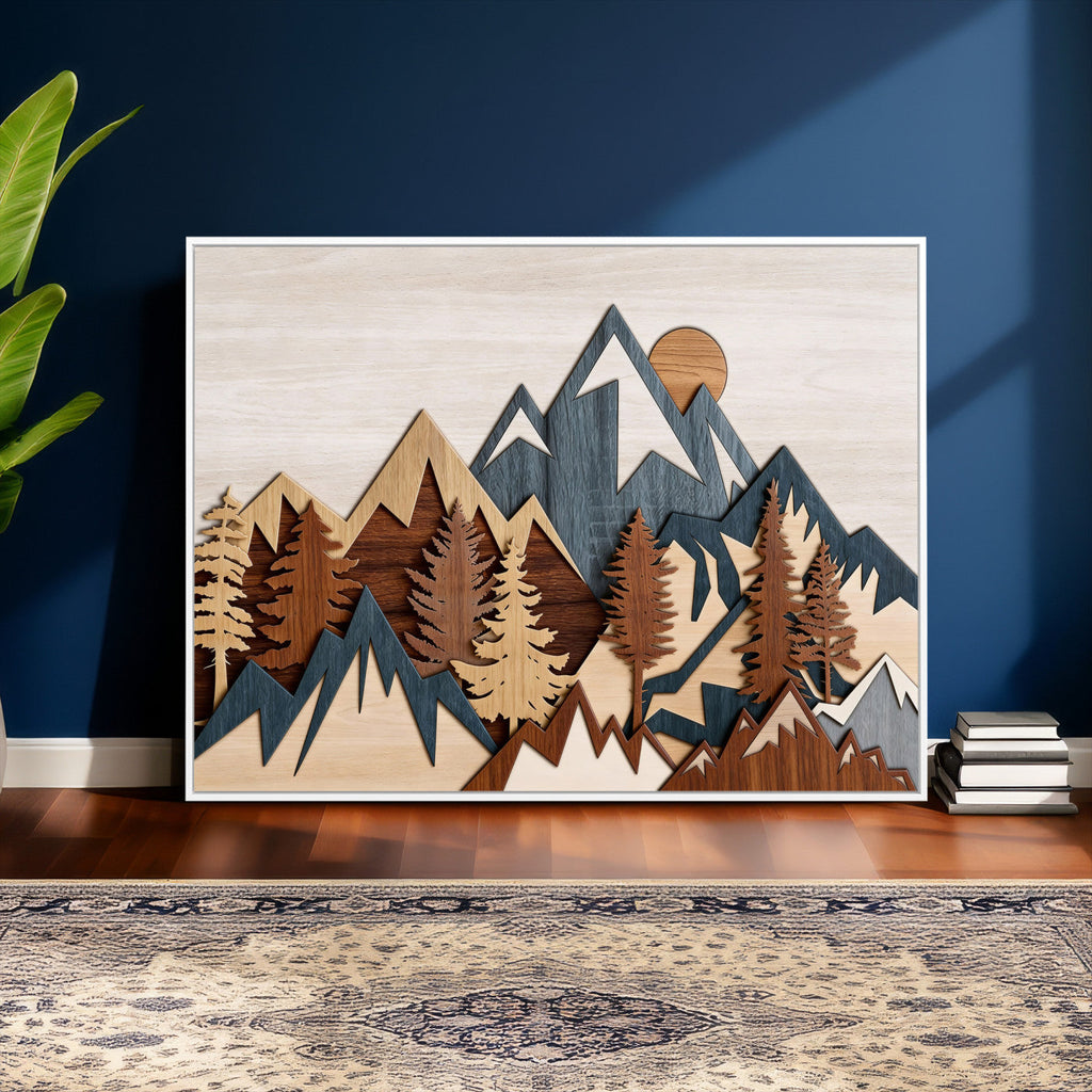 Layered Wooden Mountain Wall Art Canvas Print, Modern Rustic Forest and Pine Landscape