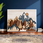 Layered Wooden Mountain Wall Art Canvas Print, Modern Rustic Forest and Pine Landscape