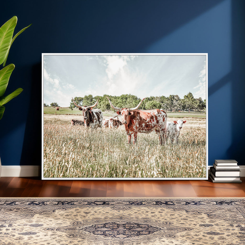 Texas Longhorn Cattle Wall Art Canvas Print, Western Ranch Landscape Decor