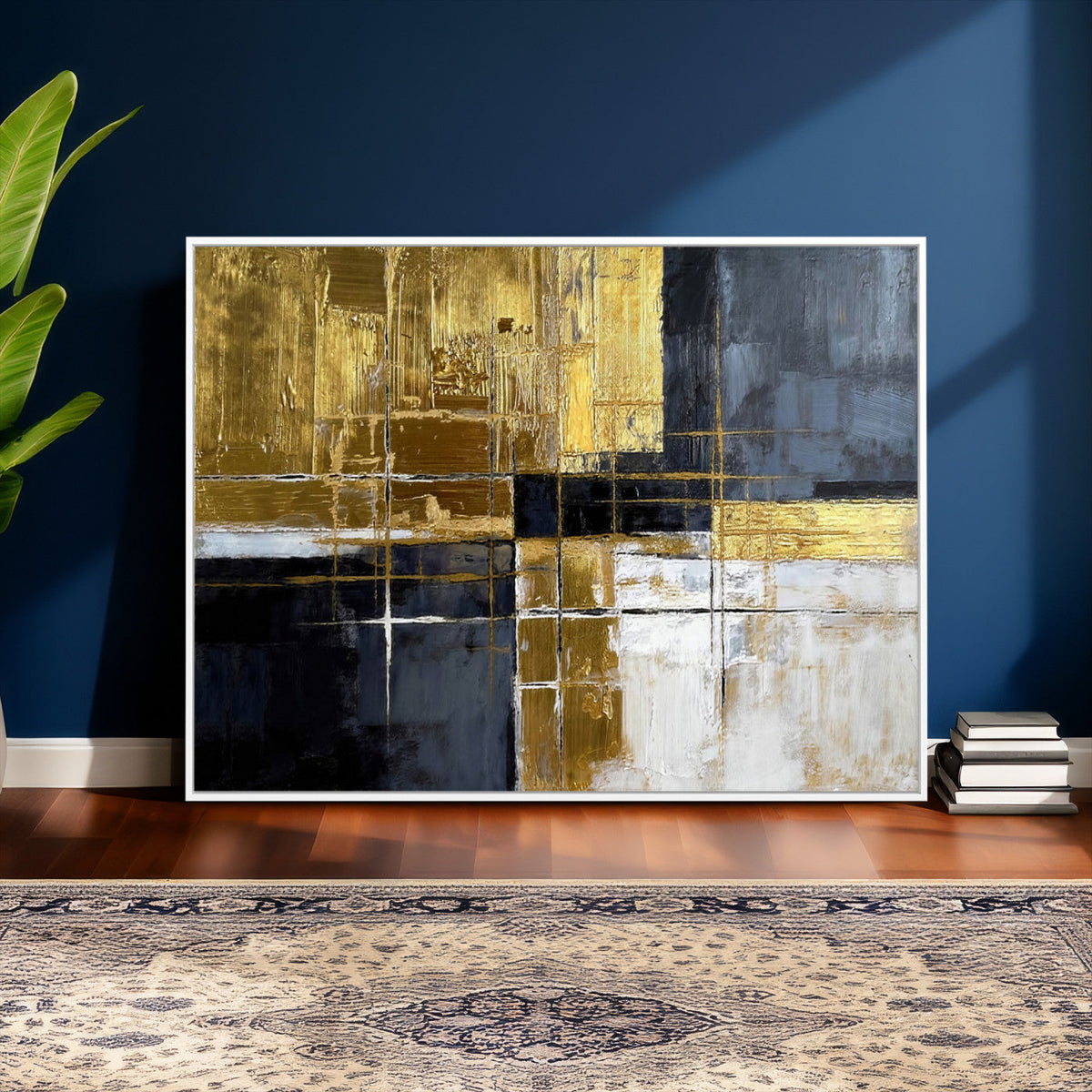 Gold Navy Abstract Wall Art Canvas Print, Modern Luxury Geometric Art for Living Room and Office