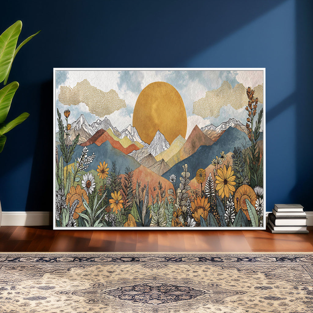 Boho Mountain Landscape Large Wall Art, Horizontal Gold Sun and Flowers Print