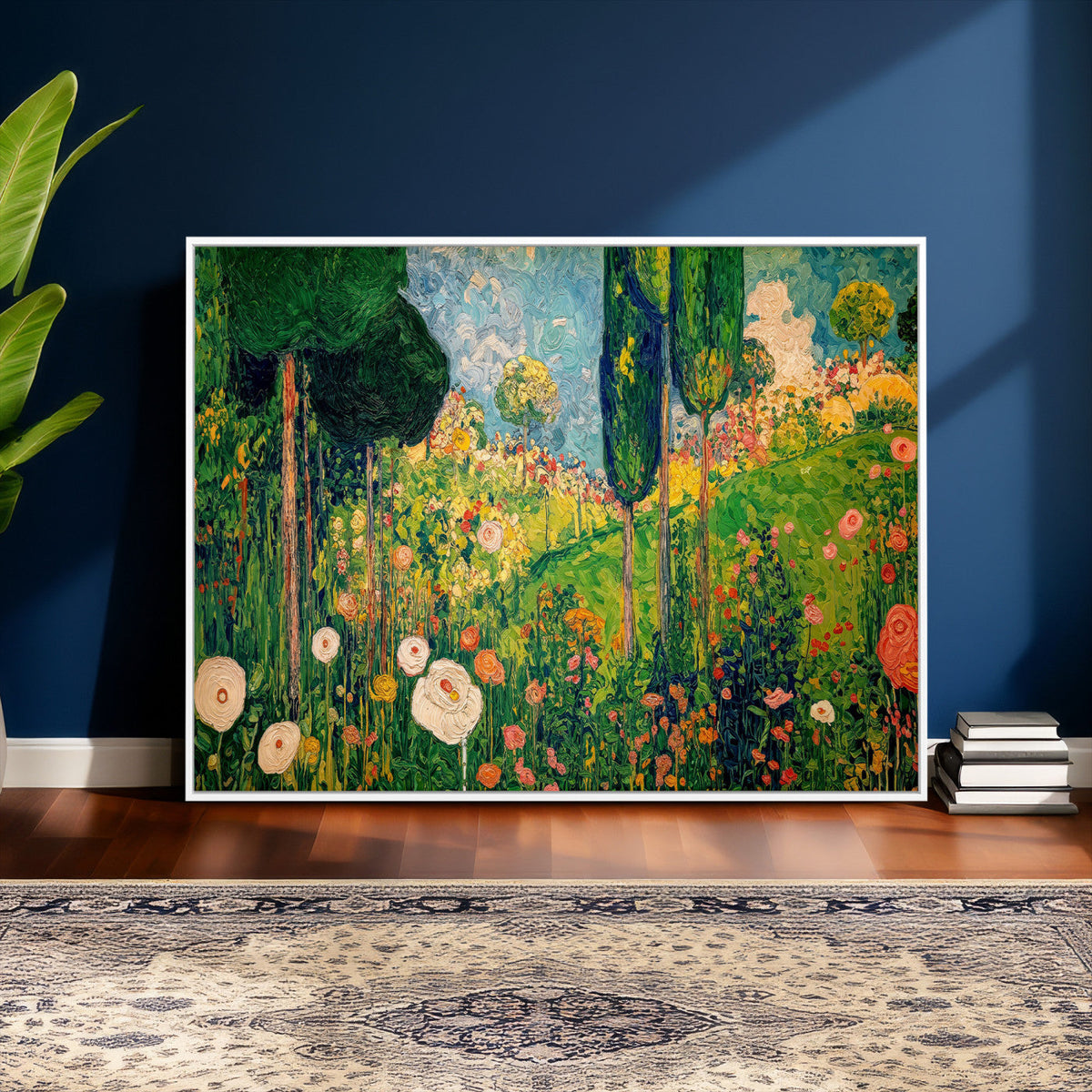 Gustav Klimt Boho Mountain Landscape Large Wall Art, Gold Sun and Flowers Print