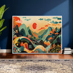 Yayoi Kusama Boho Mountain Landscape Large Wall Art, Gold Sun and Flowers Print