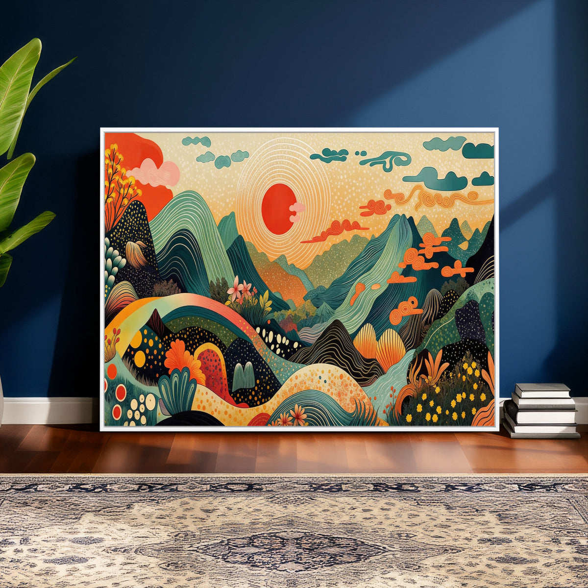 Yayoi Kusama Boho Mountain Landscape Large Wall Art, Gold Sun and Flowers Print