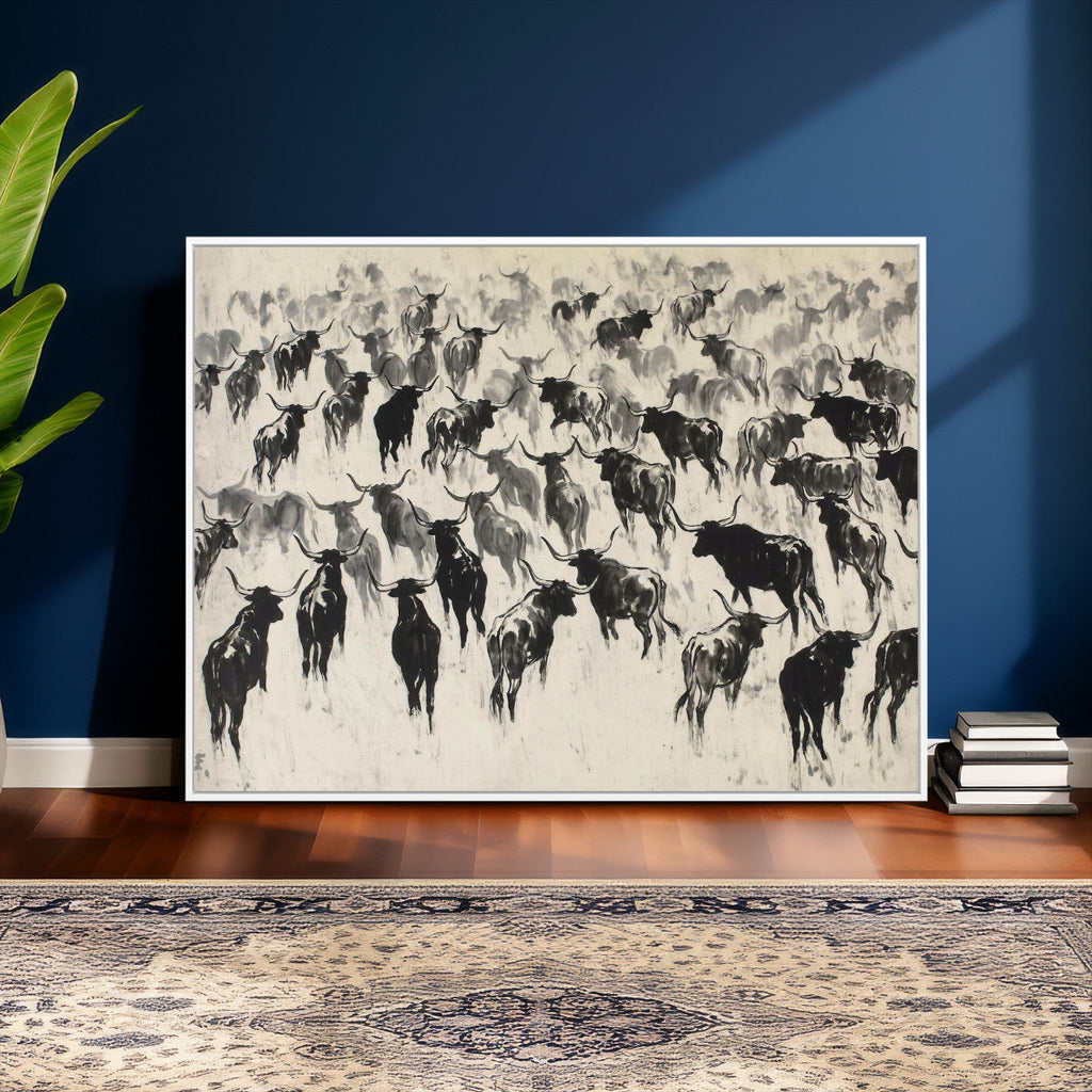 Longhorn Cattle Canvas Wall Art, Black White Stampede Ink