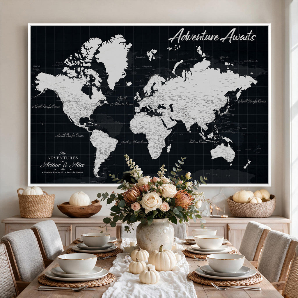 Personalized Black Push Pin Travel Map Canvas Print, Couples Countries Visited Map, Entryway and Hallway Decor