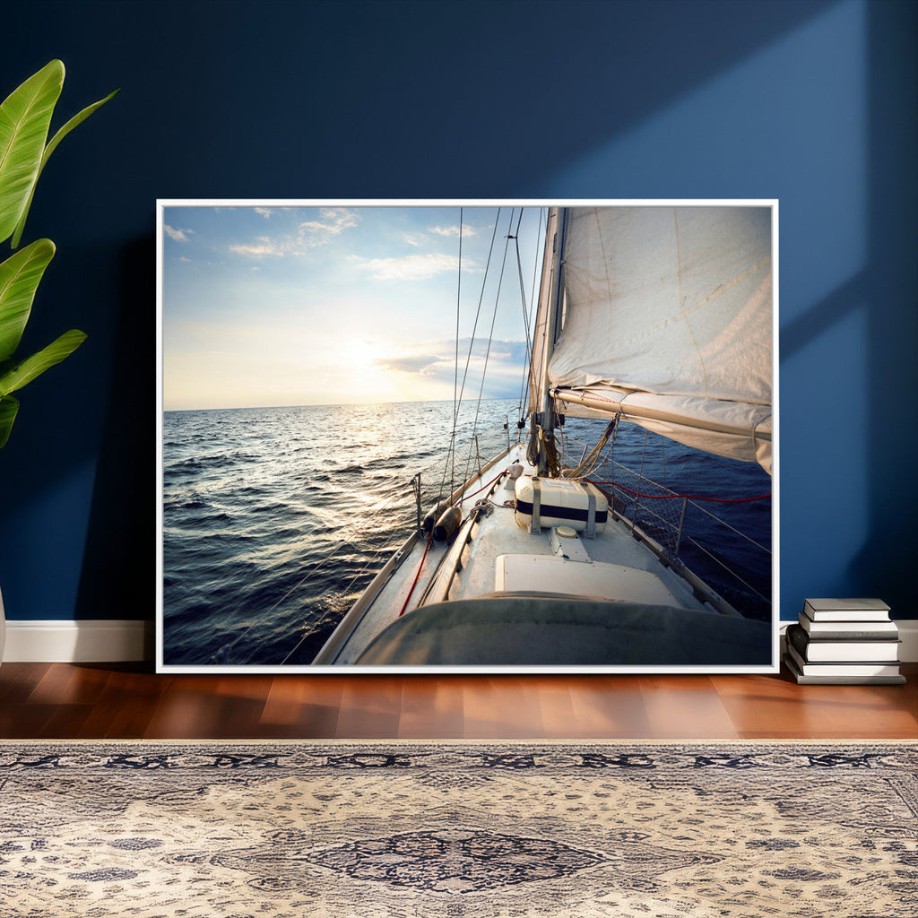 Sailboat Wall Art Canvas Print, Ocean Sunset Sailing Framed Artwork