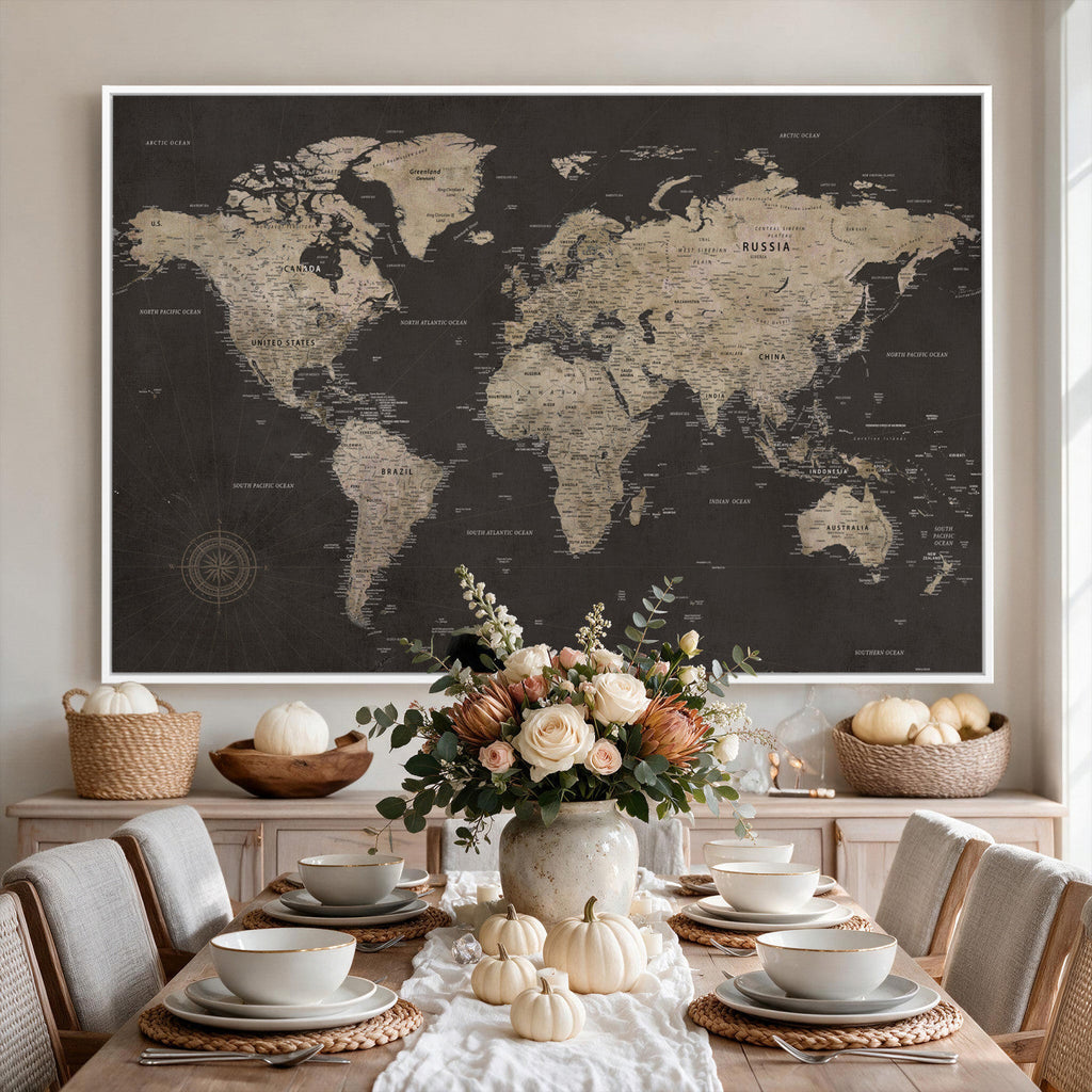 World Map Canvas Wall Art, Dark Charcoal and Antique Tan Detailed Map