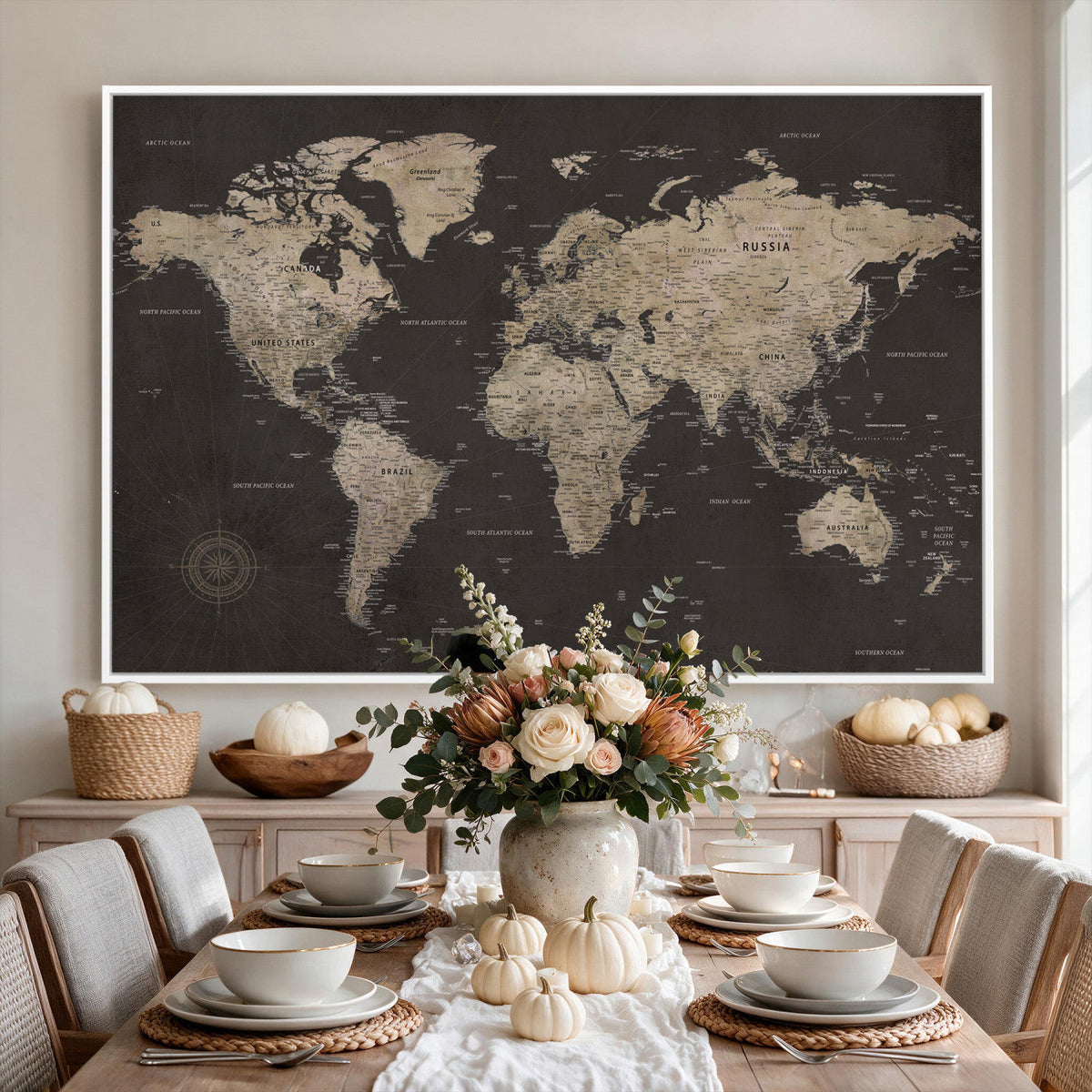 World Map Canvas Wall Art, Dark Charcoal and Antique Tan Detailed Map