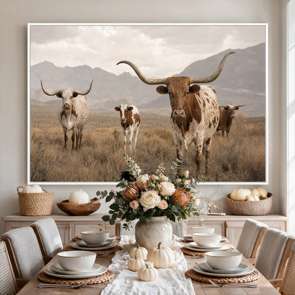 Rustic Texas Longhorn Cow Canvas Wall Art Print, Farm Animal Photography