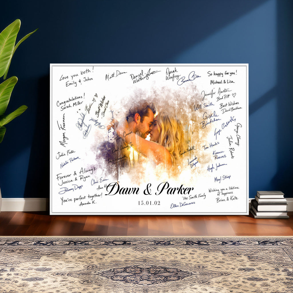 Ink Splash Wedding Guest Book Canvas, Personalized Couple Photo Sign