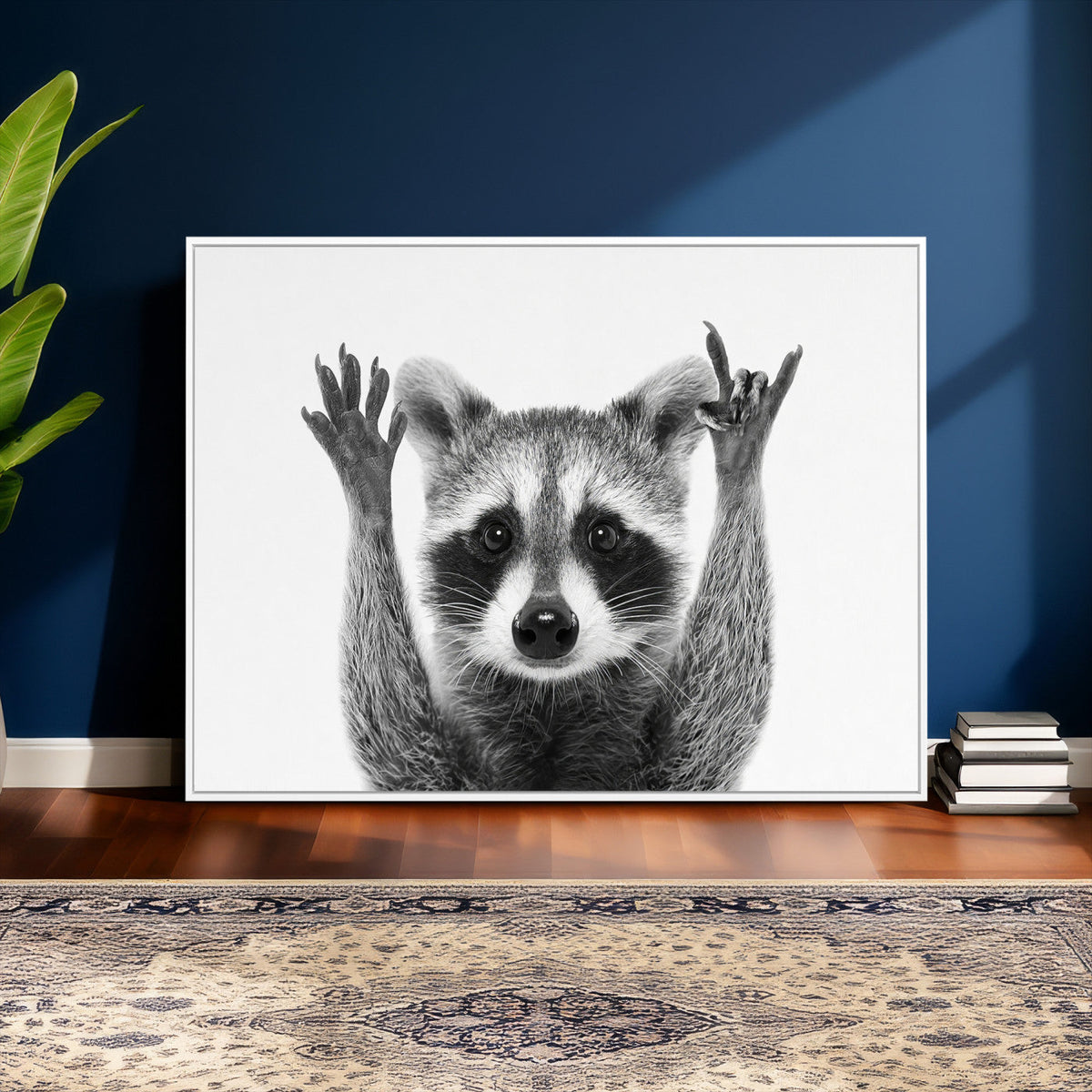 Funny Raccoon Canvas Wall Art, Black White Hands Up Animal Photo Print