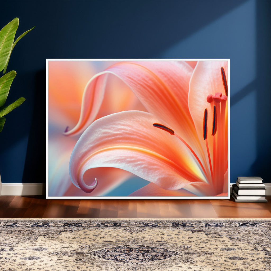 Peach Lily Canvas Wall Art, Coral Pink Flower Macro Photo Print, Botanical Decor