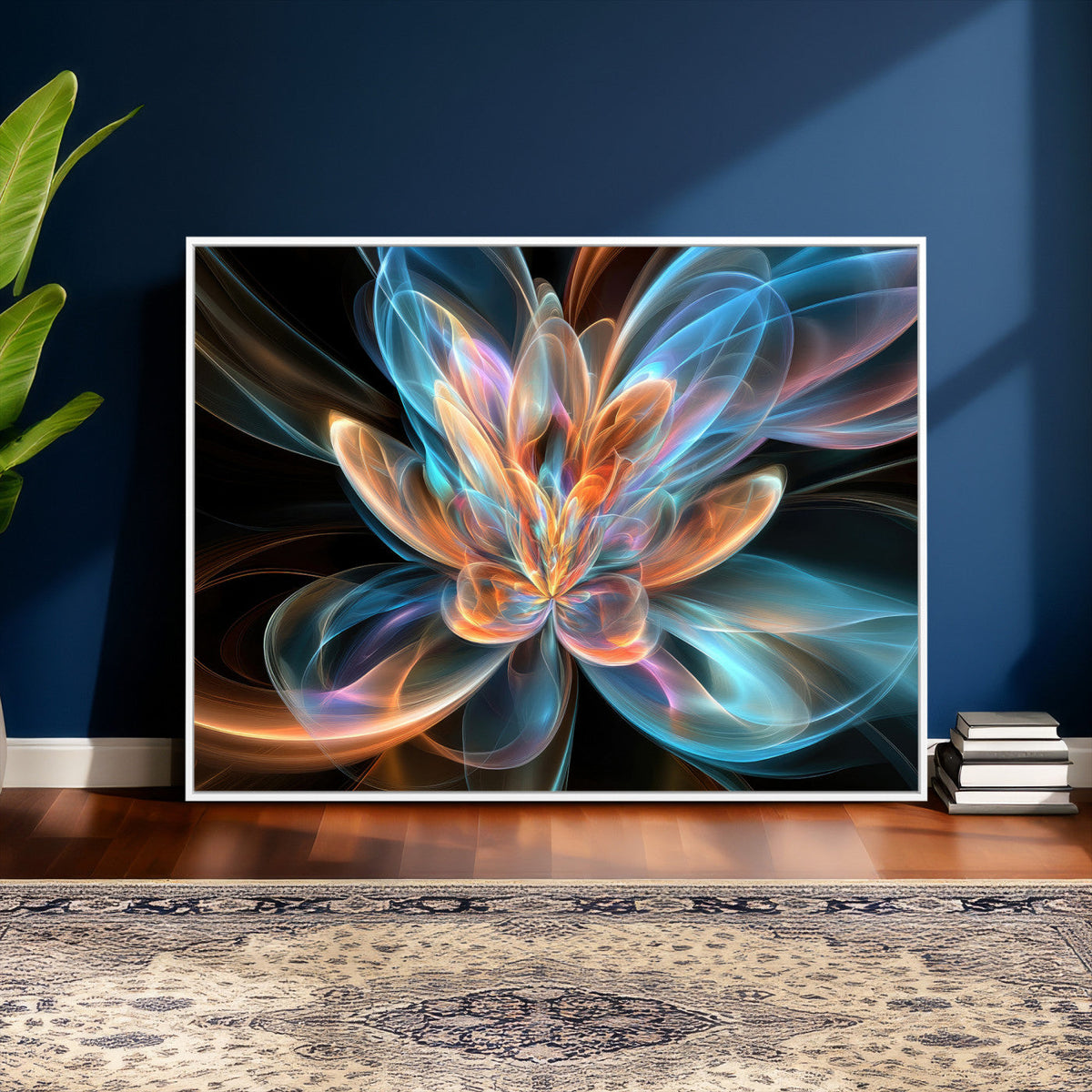 Fractal Lotus Canvas Wall Art, Blue Orange Glowing Flower Abstract Print