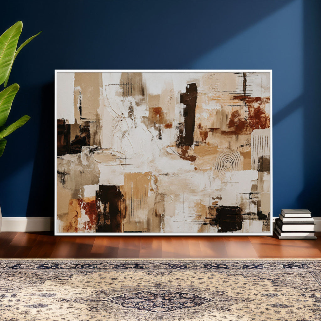 Blue Teal Abstract Canvas Wall Art, Modern Brushstroke Style Print, Navy Orange Contemporary Decor