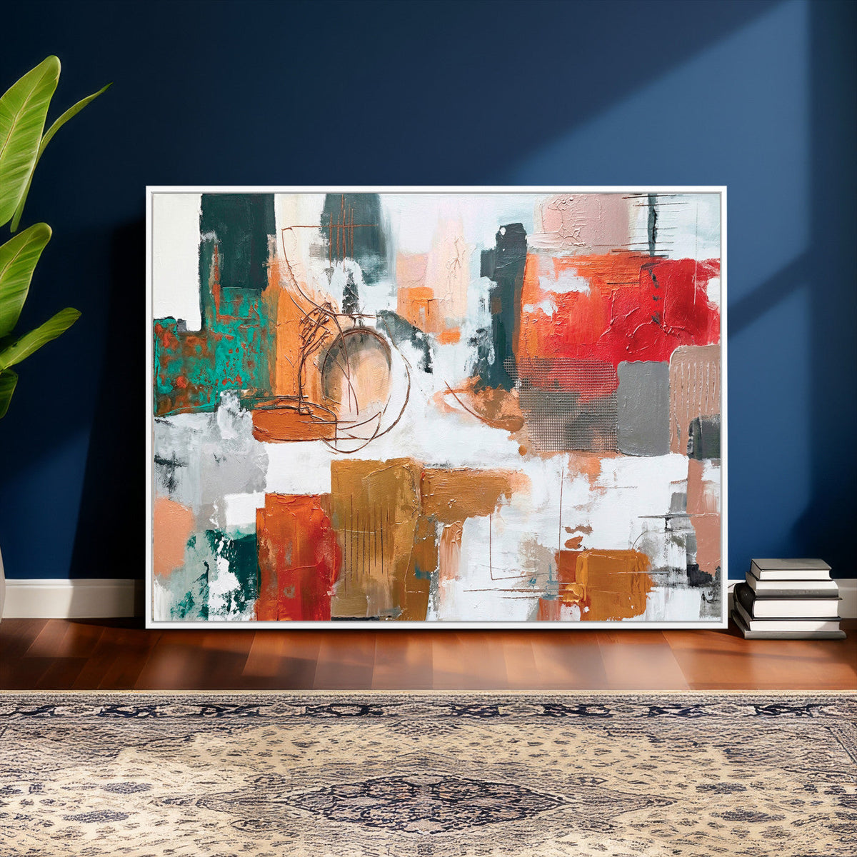 Blue Teal Abstract Canvas Wall Art, Modern Brushstroke Style Print, Navy Orange Contemporary Decor