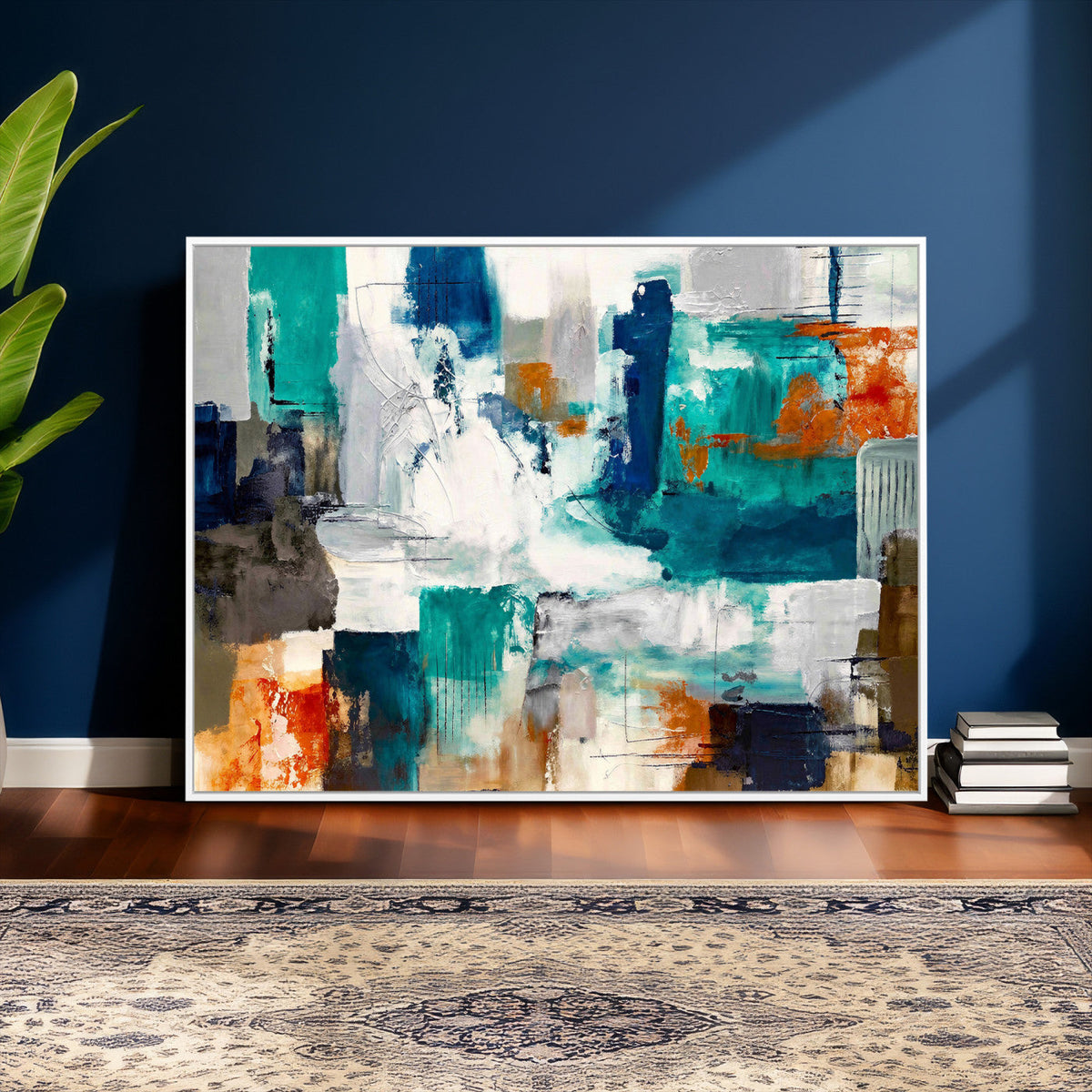 Blue Teal Abstract Canvas Wall Art, Modern Brushstroke Style Print, Navy Orange Contemporary Decor