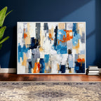 Blue Teal Abstract Canvas Wall Art, Modern Brushstroke Style Painting Print, Navy Orange Contemporary Decor