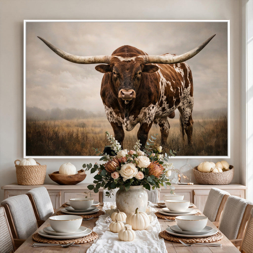 Texas Longhorn Wall Art Canvas Print | Brown Horned Bull Rustic Western Decor