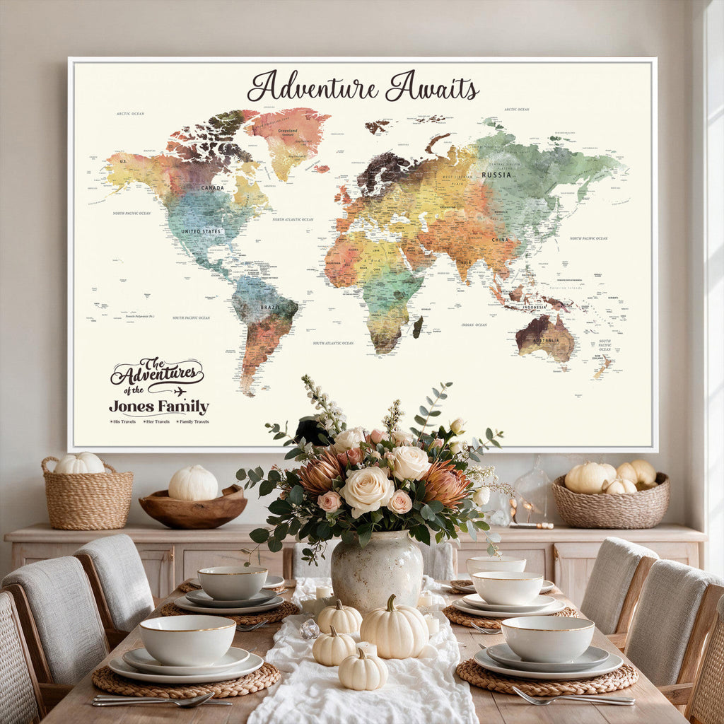 Personalized Framed Beige Modern Push Pin Travel Map Canvas Print, Family Travel Tracker, Bedroom and Home Office Decor