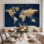 Custom Navy Push Pin World Map Canvas Print, Next Trip Planner Map, Bedroom and Entryway Decor
