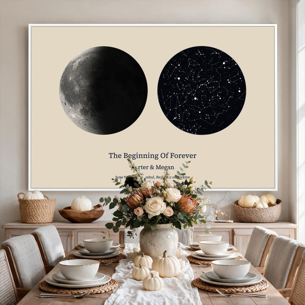 Moon and Stars Canvas Print, Personalized Moon Phase and Star Map Art