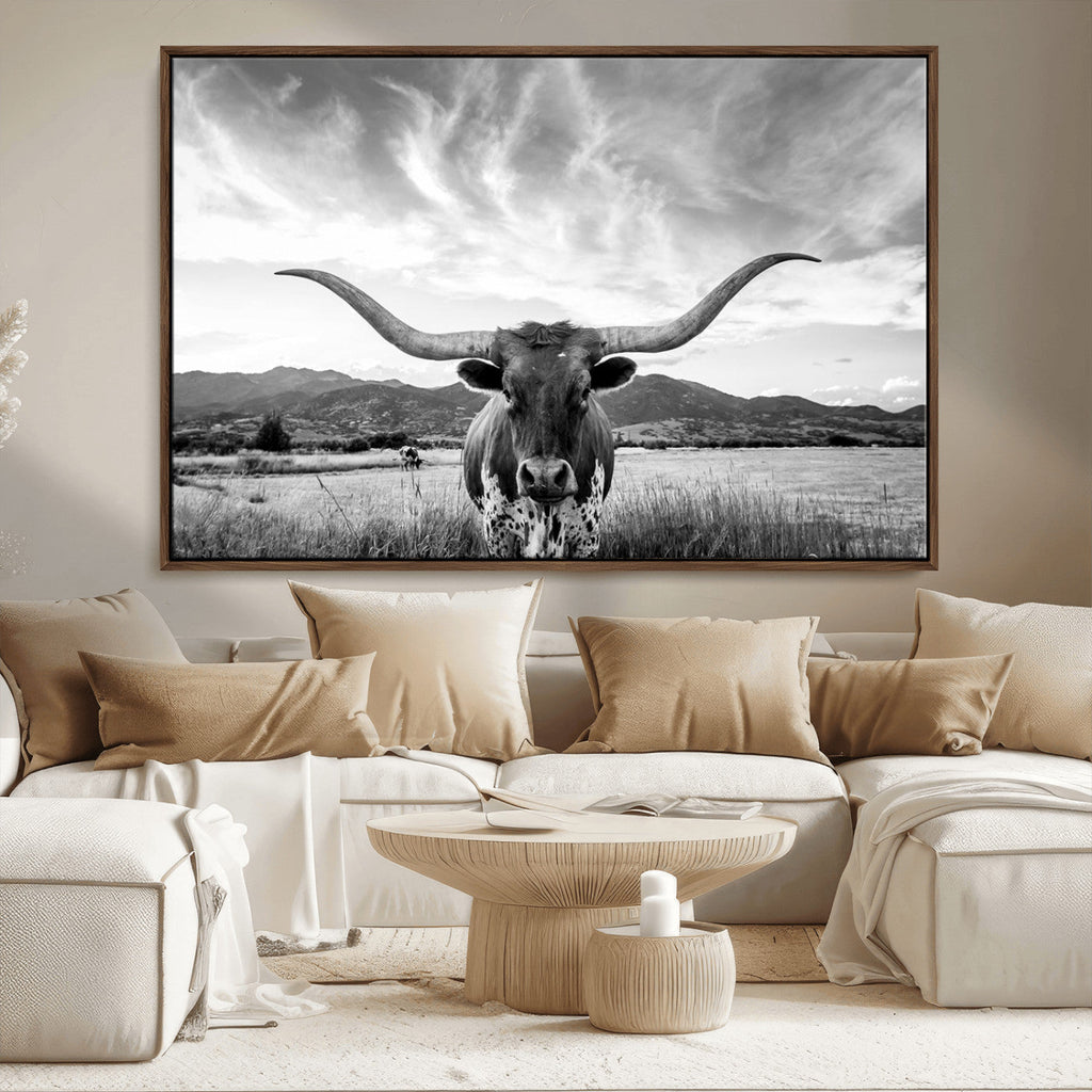 Longhorn Black and White Wall Art | Rustic Western Bull Canvas Print